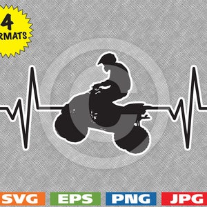 May include: Black and white silhouette of a person riding an ATV with a heartbeat line behind it.