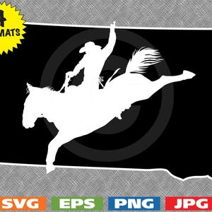 May include: A white silhouette of a cowboy riding a horse against a black background. The horse is bucking and the cowboy is holding on with one hand. The silhouette is in the shape of the state of Montana.