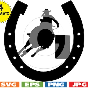 May include: Black silhouette of a person riding a horse jumping over a barrel, all inside a black horseshoe.