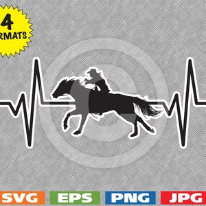 May include: Black silhouette of a person riding a horse, with a heartbeat line behind them. The image is on a gray background.