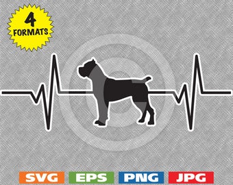 May include: Black silhouette of a Cane Corso dog with a heartbeat line behind it. The image is on a gray background.