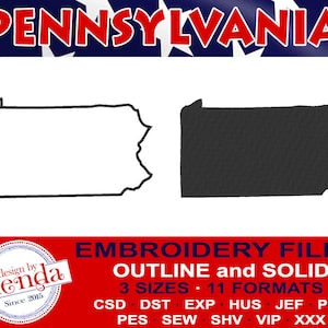 PENNSYLVANIA Machine Embroidery Files - Outline and Solid-  3 Sizes, 11 Popular Formats