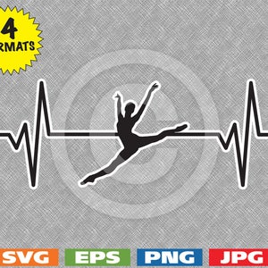 Puede incluir: Silueta negra de una bailarina en una pose de salto superpuesta a un gráfico de latido del corazón en blanco y negro. El gráfico está sobre un fondo gris.