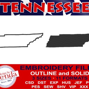 TENNESSEE Machine Embroidery Files - Outline and Solid-  3 Sizes, 11 Popular Formats