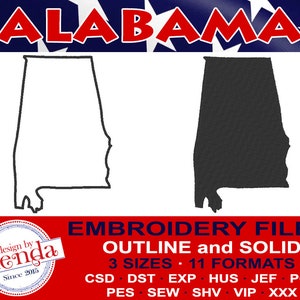 ALABAMA Maschine Stickerei Dateien - Umriss und solide - 3 Größen, 11 beliebte Formate