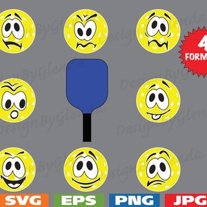 Collection of 8 Pickleball Balls with Cartoon Faces and Pickleball Paddle - svg cutting file PLUS eps/vector, jpg, png - 300dpi