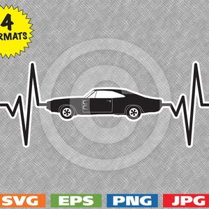 May include: Black and white silhouette of a classic car with a heartbeat line coming out of the exhaust pipe. The car is a Dodge Charger.