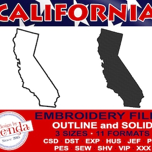 CALIFORNIA Machine Embroidery Files - Outline and Solid-  3 Sizes, 11 Popular Formats