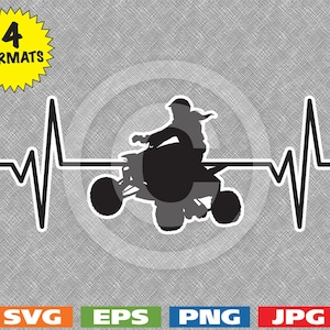 May include: Black silhouette of a person riding an ATV with a heartbeat line behind it.