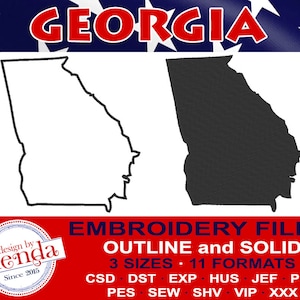 GEORGIA Machine Embroidery Files - Outline and Solid-  3 Sizes, 11 Popular Formats