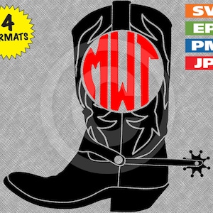 Puede incluir: Bota vaquera negra con un monograma rojo en un círculo en la parte superior de la bota. La bota tiene una espuela en el talón.