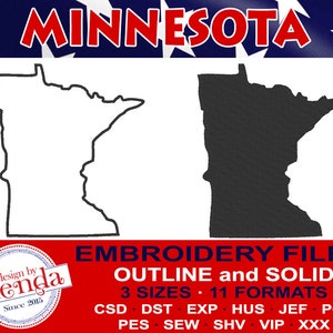 MINNESOTA Machine Embroidery Files - Outline and Solid-  3 Sizes, 11 Popular Formats
