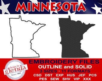 May include: Black and white outline and solid embroidery file designs of the state of Minnesota. The text "MINNESOTA" is in red letters at the top of the image. The text "EMBROIDERY FILES OUTLINE and SOLID 3 SIZES 11 FORMATS CSD DST EXP HUS JEF PCS PES SEW SHV VIP XXX" is in white letters on a red background at the bottom of the image. The text "design by glenda Since 2015" is in white letters on a red background in a circle at the bottom left of the image.