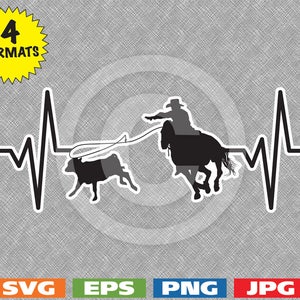 Peut inclure: Silhouette noire d'un cowboy à cheval en train de lassoer un veau. L'image est sur un fond gris avec un graphique de battement de cœur noir et blanc.
