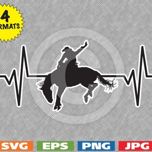 Peut inclure: Silhouette noire d'un cowboy chevauchant un cheval cabré avec une ligne de battement de cœur derrière lui.