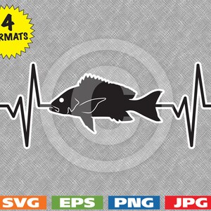 May include: Black silhouette of a fish with a heartbeat line behind it. The fish is facing left and has a fin on its back. The heartbeat line is black and has a jagged peak in the middle.