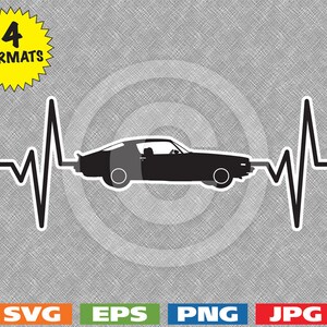 May include: Black silhouette of a classic car with a heartbeat line coming out of the tailpipe. The car is a muscle car with a long hood and a short rear deck. The heartbeat line is a stylized representation of a heart rate.