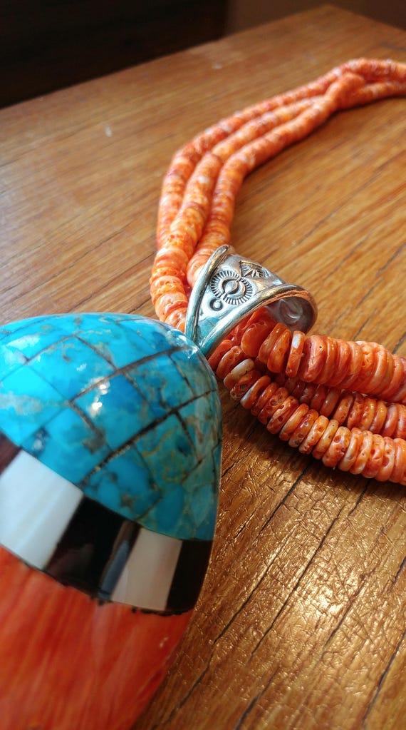 Mosaic Wall Turquoise Coral Vintage Santo Domingo Sterling Silver Inlay Necklace Mosaic Wall Turquoise Coral Vintage Santo Domingo Sterling Silver Inlay Necklace
