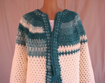 Crochet Cream w/ Teal and Cream  Varigated Long Sleeve Sweater