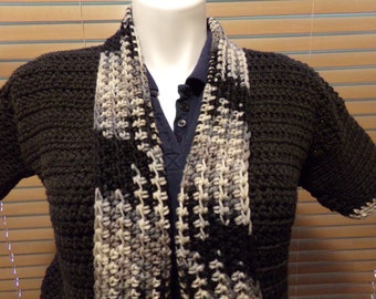 Crochet Black with Black and White Varigated  Short Sleeve Sweater