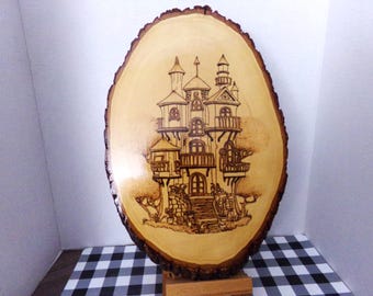 Multi Story House on Plaque w/ Bark