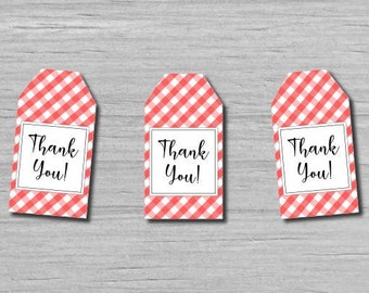 Printable Thank You Gift Tags for Party Favors Goodie Bags Red White Gingham Plaid Pattern Theme Birthday Decorations PDF Instant Download