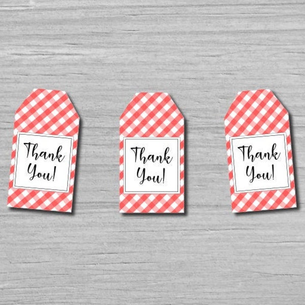 Printable Thank You Gift Tags for Party Favors Goodie Bags Red White Gingham Plaid Pattern Theme Birthday Decorations PDF Instant Download