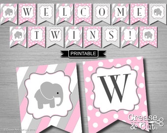 Twins Baby Shower Banner Printable PDF Instant Download Pink Gray Elephant Baby Shower Decorations for Twin Girls- Welcome Twins!