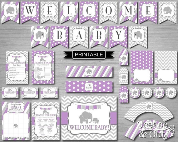 Printable Purple Gray Elephant Girl Baby Shower Decorations Etsy