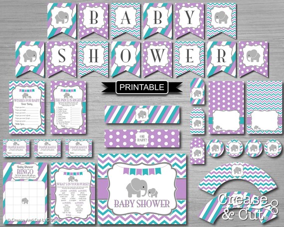 Teal Green Purple Elephant Girl Baby Shower Decorations and Games