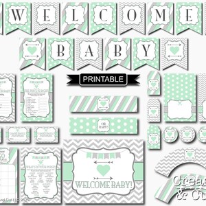 DIY Printable Baby Shower Decorations and Games Package Mint Green Gray ...