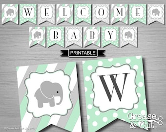 Mint Green Elephant Baby Shower Baby Sprinkle Decorations Banner Digital Printable PDF Instant Download Boy or Girl Baby Shower-Welcome Baby