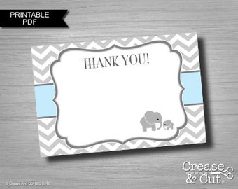 Printable Elephant Thank You Cards in Baby Blue and Gray Baby Shower Elephant Themed Party Digital Stationary Template PDF Instant Download