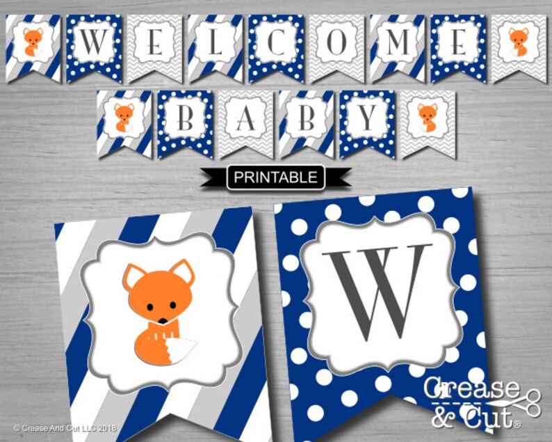 Diy Navy Blue And Gray Chevron Fox Boy Baby Shower Decorations Etsy