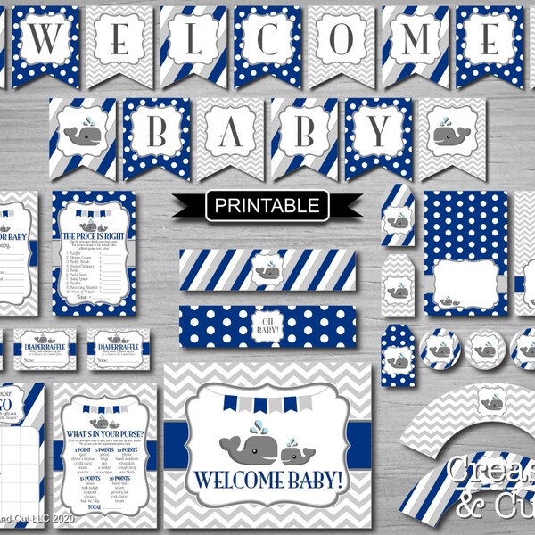 Navy Blue Gray Chevron Whale Boy Baby Shower Decorations and Games Package Digital Printable PDFs Instant Download- Welcome Baby