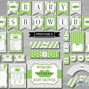 Printable Two Peas in A Pod Twin Boy Baby Shower Decorations with XL Banner and Baby Shower Games Digital PDF Package Green Gray-Baby Shower