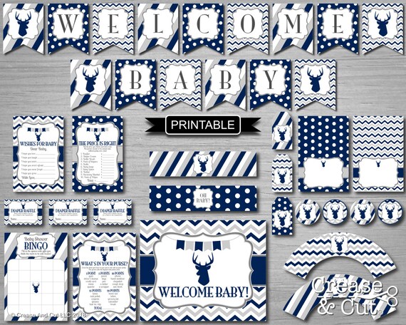 Diy Printable Deer Stag Baby Shower Decorations Package Navy Etsy