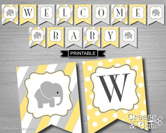 Yellow Gray Elephant Baby Shower Decorations Banner Bunting Etsy