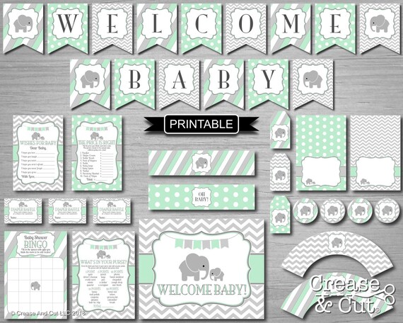 Mint Green Grey Elephant Baby Shower Decorations Package Etsy