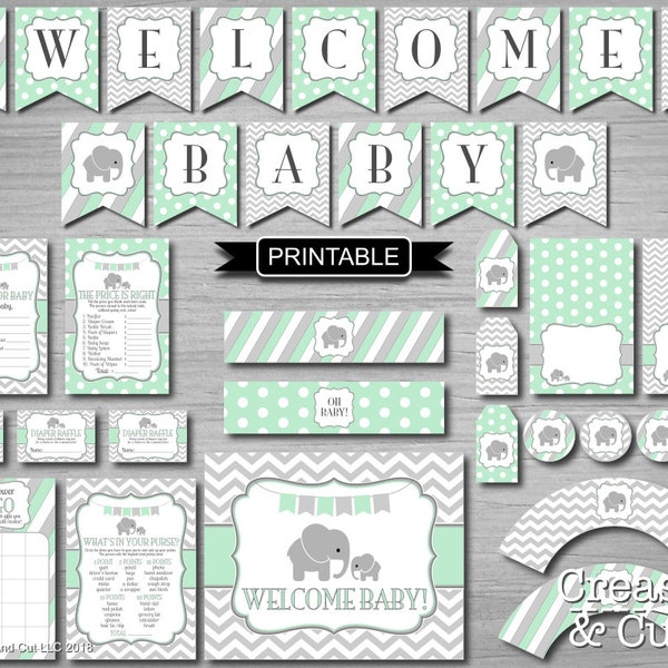 Mint Green Grey Elephant Baby Shower Decorations Package Banner Signs Food Labels Games Digital Printable PDF Instant Download- Welcome Baby