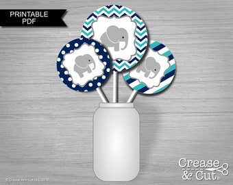DIY Printable Teal Green Dark Navy Blue Elephant Baby Shower Centerpiece Party Decoration Circles PDF Instant Download
