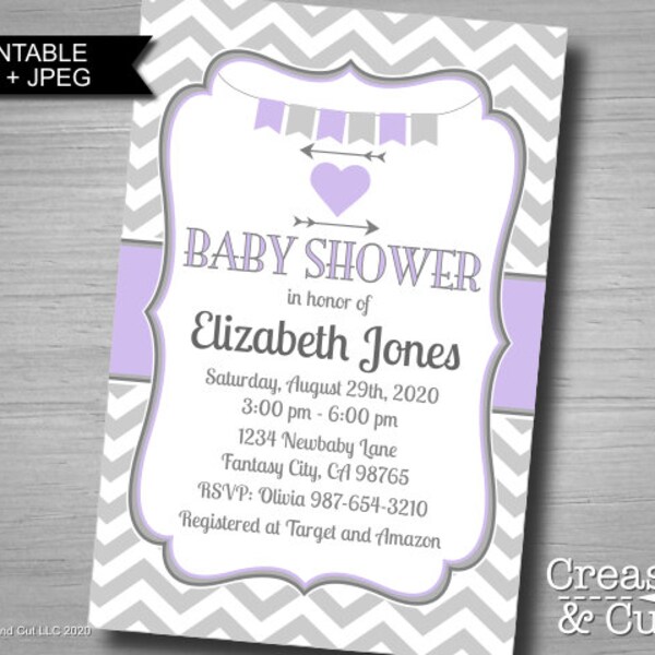 Lavender Purple and Gray Heart with Arrows Girl or Boy Baby Shower Personalized Invitation Printable PDF and JPEG in 4x6 or 5x7 inch size