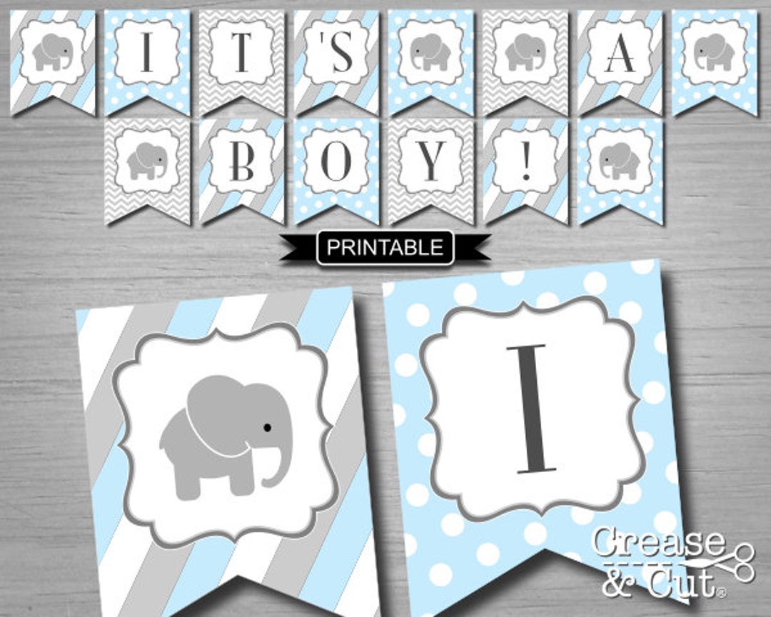 It's A Boy Banner Printable Baby Blue Gray Elephant Baby Shower Banner