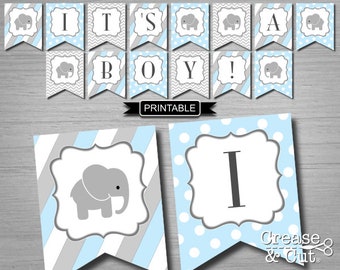 It's A Boy Banner Printable Baby Blue Gray Elephant Baby Shower Banner Bunting Flags Garland Digital PDF Instant Download