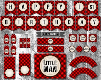 Lumberjack Red Buffalo Plaid Baby Boy Happy Birthday Party Decorations Package Digital Printable PDFs Instant Download Pick Any Age