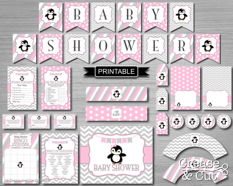 Diy Printable Pink Bow Girl Penguin Themed Baby Shower Etsy