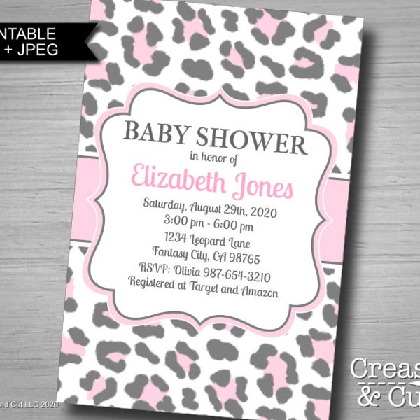 Pink And Gray Leopard Baby Girl Shower Invitation Printable PDF and JPEG in 4x6 or 5x7 Inch Size Printable Digital Personalized for You