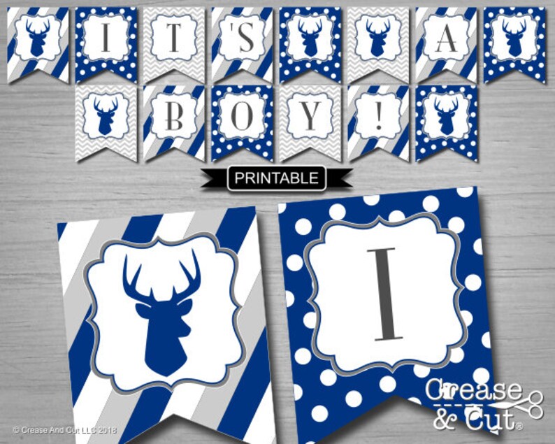 Diy Printable Navy Blue Gray Deer Stag Baby Shower Decorations Etsy