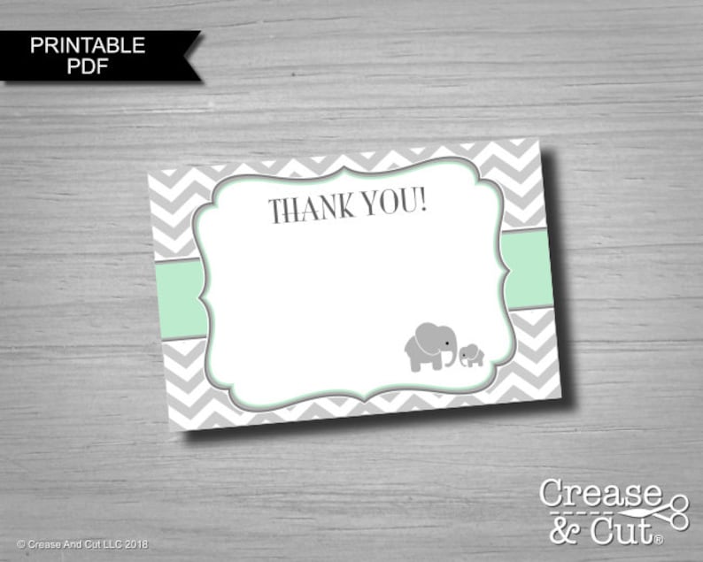 Printable Elephant Thank You Cards in Mint Green and Gray Baby Shower Elephant Themed Party Digital Stationary Template PDF Instant Download