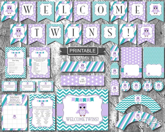 Lavender Purple Teal Green Owl Twin Girl Baby Shower Etsy